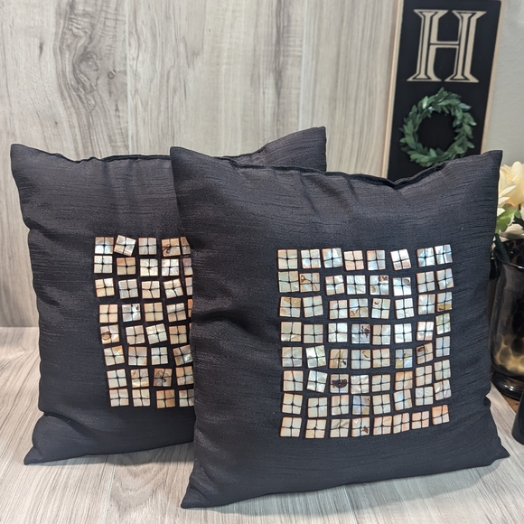Beachy Capiz Shell Decor Pillows (2) Small Black Silky Vintage SEARS - Picture 2 of 8